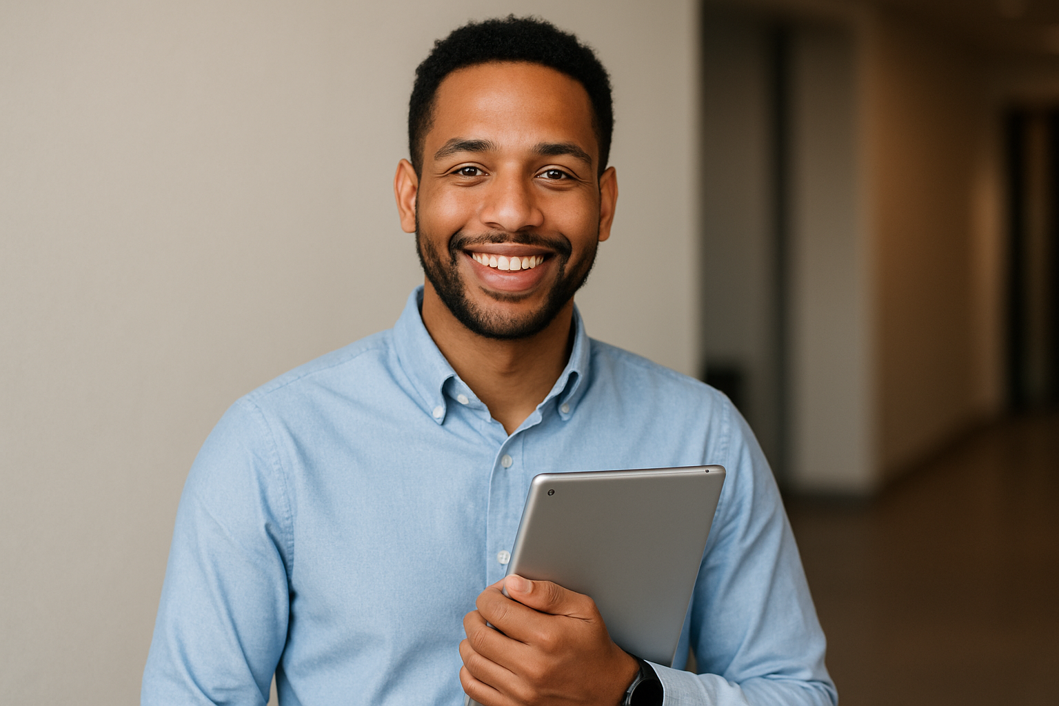 photographic casual professional smiling at camera holding tablet
